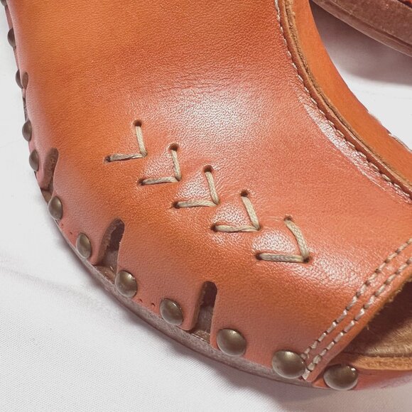 Carlo Pera-Made/Italy-Women's Slip on Clogs-Orange Leather-Sz 7-Studs-Wood-Open - Picture 6 of 16